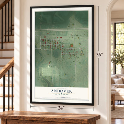 Andover, South Dakota map, 24 x 36 inch print in a black frame by a staircase