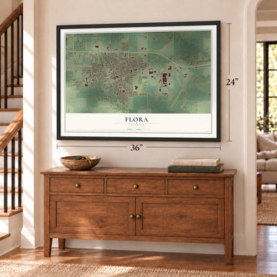 Flora, Illinois map, 24 x 36 inch print in a black frame above a dresser by a staircase