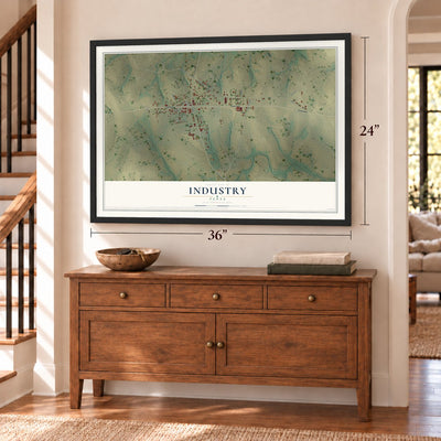 Industry, Texas map, 24 x 36 inch print in a black frame above a dresser by a staircase