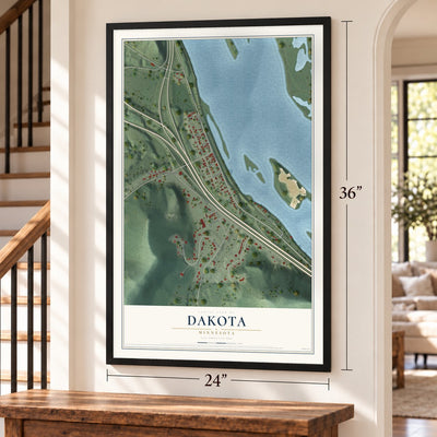 Dakota, Minnesota map, 24 x 36 inch print in a black frame by a staircase