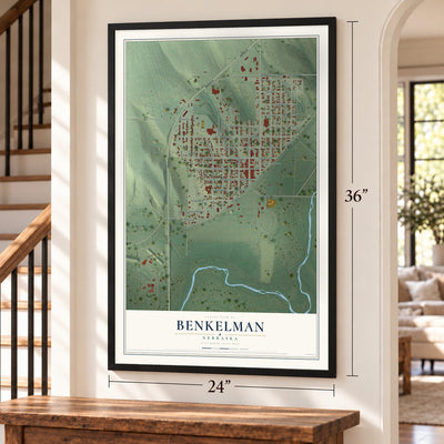 Benkelman, Nebraska map, 24 x 36 inch print in a black frame by a staircase