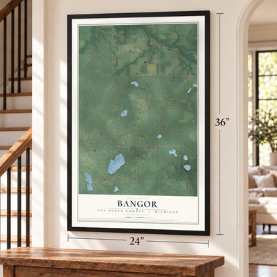 Bangor, Van Buren County, Michigan map, 24 x 36 inch print in a black frame by a staircase