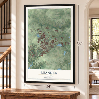 Leander, Texas map, 24 x 36 inch print in a black frame by a staircase