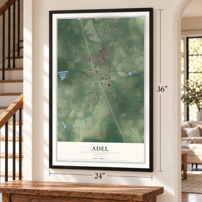 Adel, Georgia map, 24 x 36 inch print in a black frame by a staircase