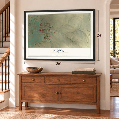 Kiowa, Colorado map, 24 x 36 inch print in a black frame above a dresser by a staircase
