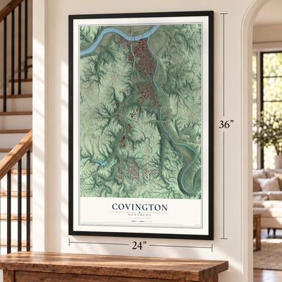 Covington, Kentucky map, 24 x 36 inch print in a black frame by a staircase