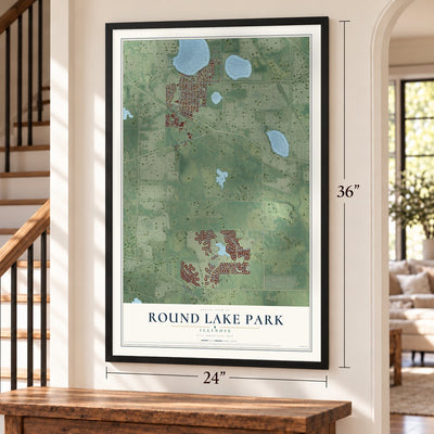 Round Lake Park, Illinois map, 24 x 36 inch print in a black frame by a staircase