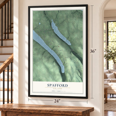 Spafford, New York map, 24 x 36 inch print in a black frame by a staircase