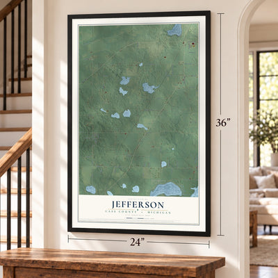 Jefferson, Cass County, Michigan map, 24 x 36 inch print in a black frame by a staircase