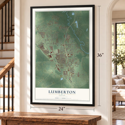 Lumberton, Texas map, 24 x 36 inch print in a black frame by a staircase