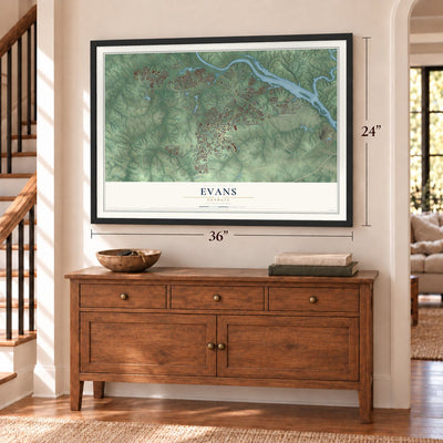 Evans, Georgia map, 24 x 36 inch print in a black frame above a dresser by a staircase