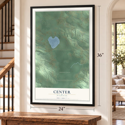 Center, Michigan map, 24 x 36 inch print in a black frame by a staircase