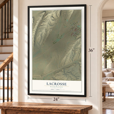 LaCrosse, Washington map, 24 x 36 inch print in a black frame by a staircase
