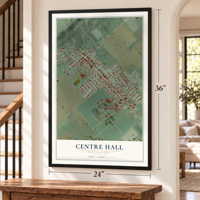 Centre Hall, Pennsylvania map, 24 x 36 inch print in a black frame by a staircase