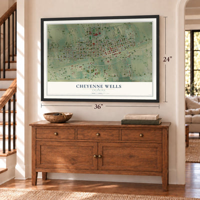 Cheyenne Wells, Colorado map, 24 x 36 inch print in a black frame above a dresser by a staircase