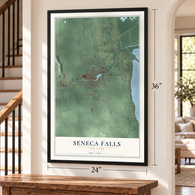 Seneca Falls, New York map, 24 x 36 inch print in a black frame by a staircase