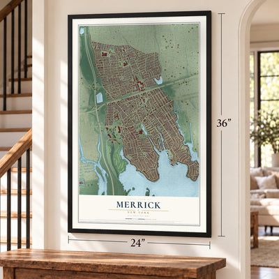 Merrick, New York map, 24 x 36 inch print in a black frame by a staircase