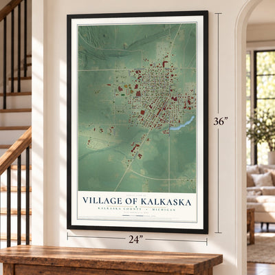 Kalkaska, Michigan map, 24 x 36 inch print in a black frame by a staircase