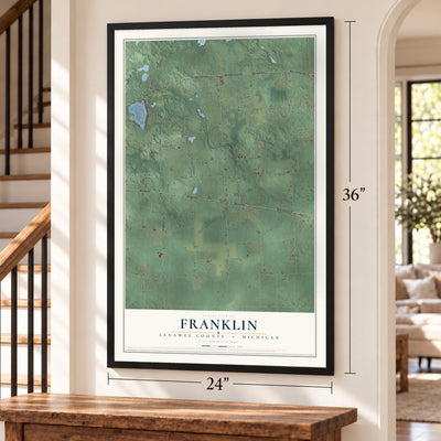 Franklin, Lenawee County, Michigan map, 24 x 36 inch print in a black frame by a staircase
