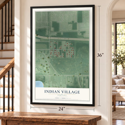 Indian Village, Indiana map, 24 x 36 inch print in a black frame by a staircase
