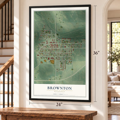 Brownton, Minnesota map, 24 x 36 inch print in a black frame by a staircase