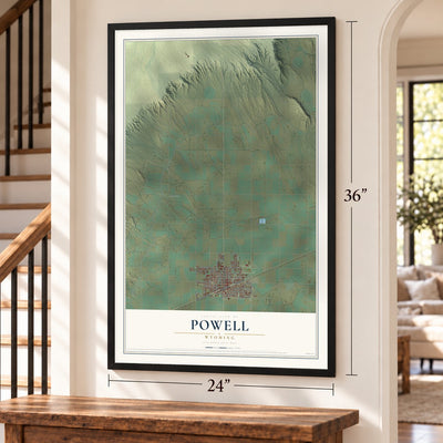 Powell, Wyoming map, 24 x 36 inch print in a black frame by a staircase