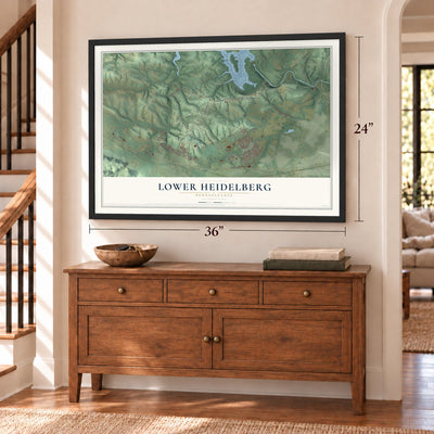 Lower Heidelberg, Pennsylvania map, 24 x 36 inch print in a black frame above a dresser by a staircase