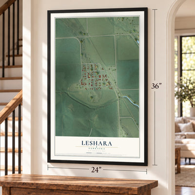 Leshara, Nebraska map, 24 x 36 inch print in a black frame by a staircase