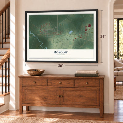 Moscow, Tennessee map, 24 x 36 inch print in a black frame above a dresser by a staircase
