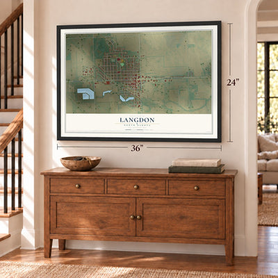 Langdon, North Dakota map, 24 x 36 inch print in a black frame above a dresser by a staircase
