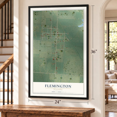 Flemington, Missouri map, 24 x 36 inch print in a black frame by a staircase