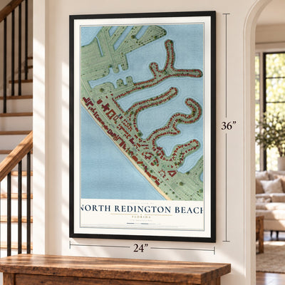 North Redington Beach, Florida map, 24 x 36 inch print in a black frame by a staircase