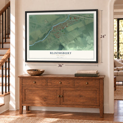 Bloomsbury, New Jersey map, 24 x 36 inch print in a black frame above a dresser by a staircase