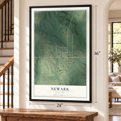 Newark, Missouri map, 24 x 36 inch print in a black frame by a staircase