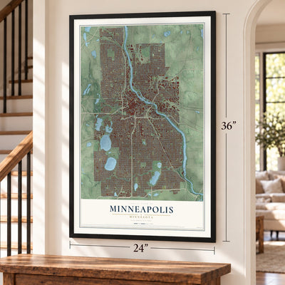 Minneapolis, Minnesota map, 24 x 36 inch print in a black frame by a staircase