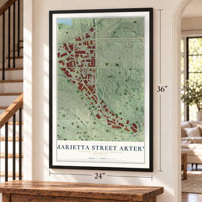 Marietta Street Artery, Georgia map, 24 x 36 inch print in a black frame by a staircase