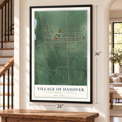 Hanover, Michigan map, 24 x 36 inch print in a black frame by a staircase
