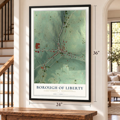 Borough of Liberty, Tioga County, Pennsylvania map, 24 x 36 inch print in a black frame by a staircase