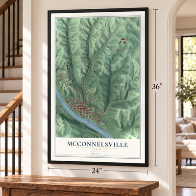 McConnelsville, Ohio map, 24 x 36 inch print in a black frame by a staircase