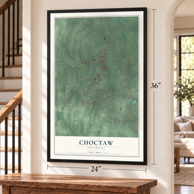 Choctaw, Oklahoma map, 24 x 36 inch print in a black frame by a staircase
