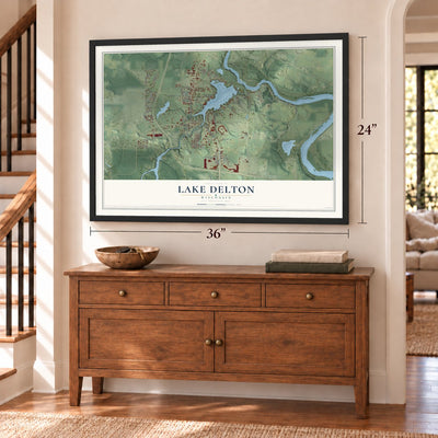 Lake Delton, Wisconsin map, 24 x 36 inch print in a black frame above a dresser by a staircase