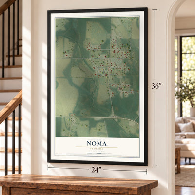 Noma, Florida map, 24 x 36 inch print in a black frame by a staircase