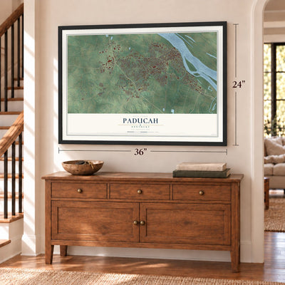 Paducah, Kentucky map, 24 x 36 inch print in a black frame above a dresser by a staircase