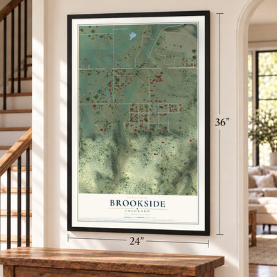 Brookside, Colorado map, 24 x 36 inch print in a black frame by a staircase
