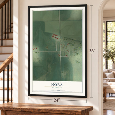 Nora, Nebraska map, 24 x 36 inch print in a black frame by a staircase
