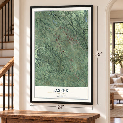 Jasper, Georgia map, 24 x 36 inch print in a black frame by a staircase