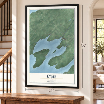 Lyme, New York map, 24 x 36 inch print in a black frame by a staircase
