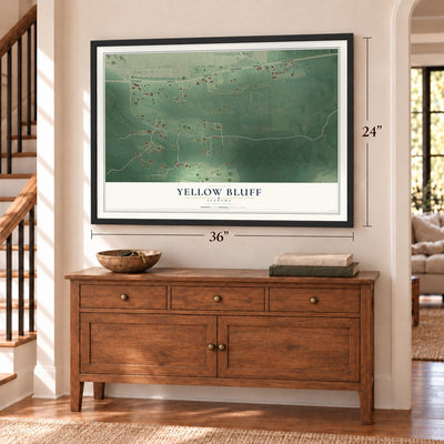 Yellow Bluff, Alabama map, 24 x 36 inch print in a black frame above a dresser by a staircase