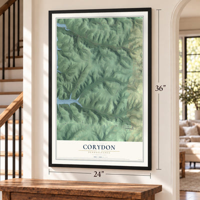 Corydon, Pennsylvania map, 24 x 36 inch print in a black frame by a staircase