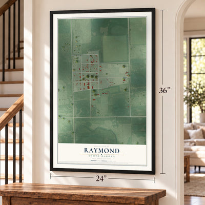 Raymond, South Dakota map, 24 x 36 inch print in a black frame by a staircase